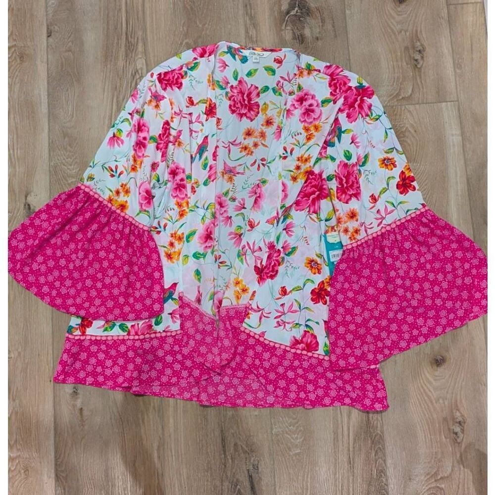 Pioneer Woman Pink Flounce Sleeve Topper Chinoserie Birds Boho Kimono L/XL NWT - Picture 7 of 15